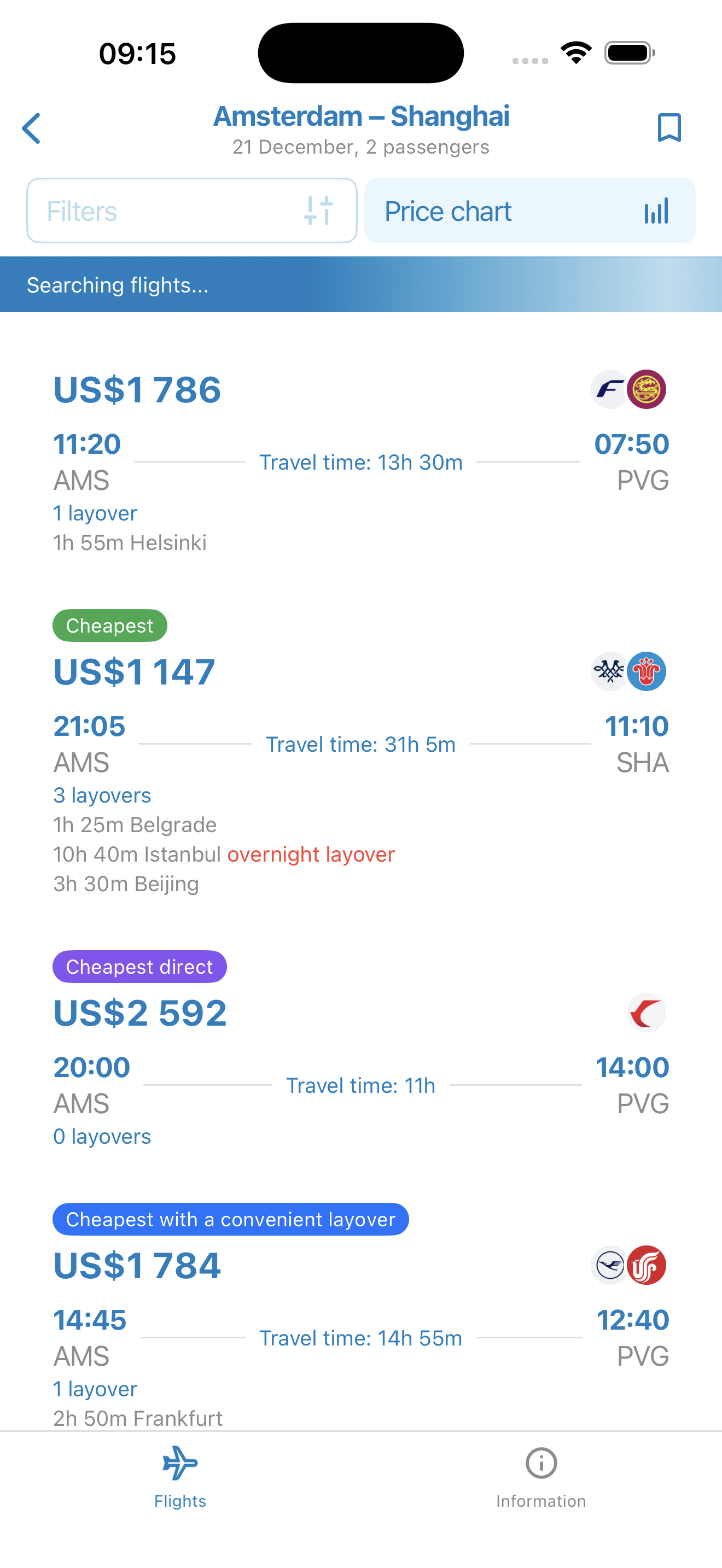 Flight results in AviaGo